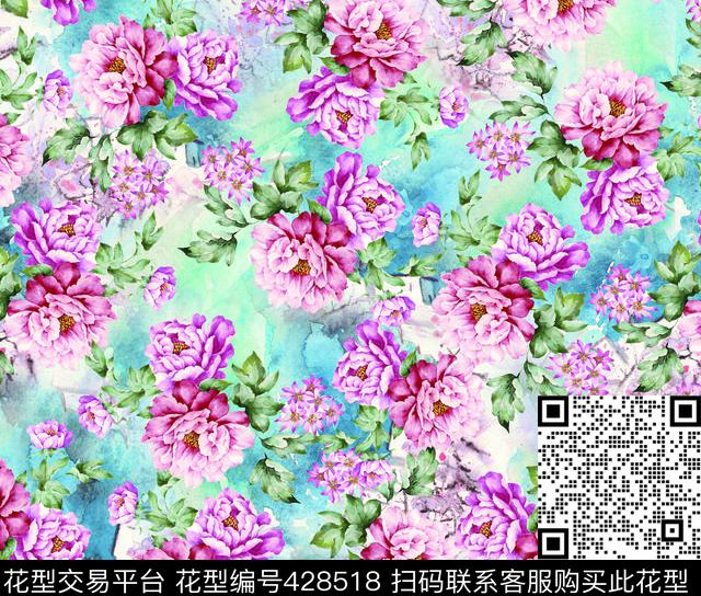 粉色组合花卉五彩花数码印花华亿平台下载（图片编号: 428518） - 瓦栏（Walan）