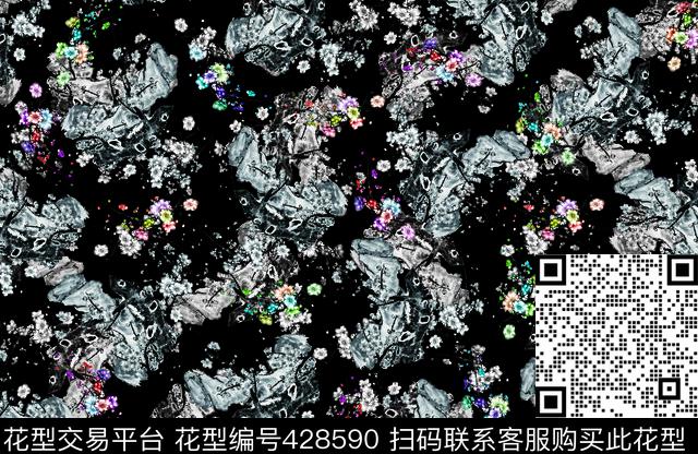 花卉组合黑数码印花华亿平台下载（图片编号: 428590） - 瓦栏（Walan）