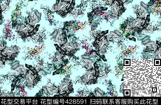 花卉组合蓝红黑蓝传统印花华亿平台下载（图片编号: 428591） - 瓦栏（Walan）