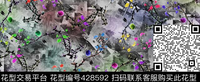 田园风五彩黑数码印花华亿平台下载（图片编号: 428592） - 瓦栏（Walan）