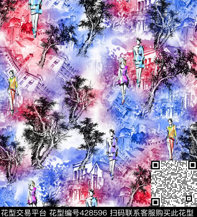 抽象粉蓝数码印花华亿平台下载（图片编号: 428596） - 瓦栏（Walan）