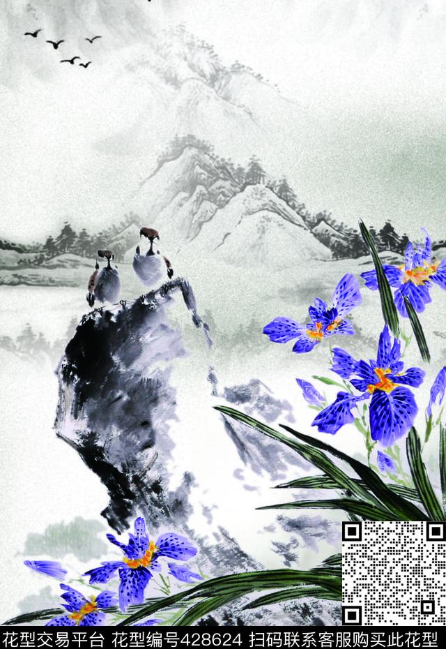 花鸟山水水墨山水花鸟画中国风数码印花华亿平台下载（图片编号: 428624） - 瓦栏（Walan）