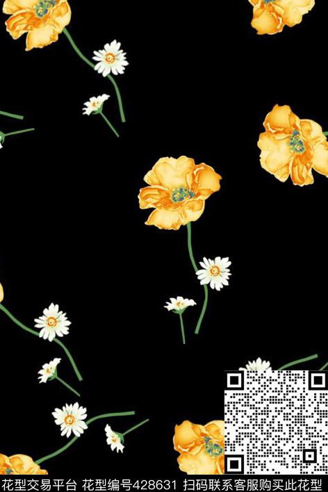 黑底花卉老人传统印花华亿平台下载（图片编号: 428631） - 瓦栏（Walan）