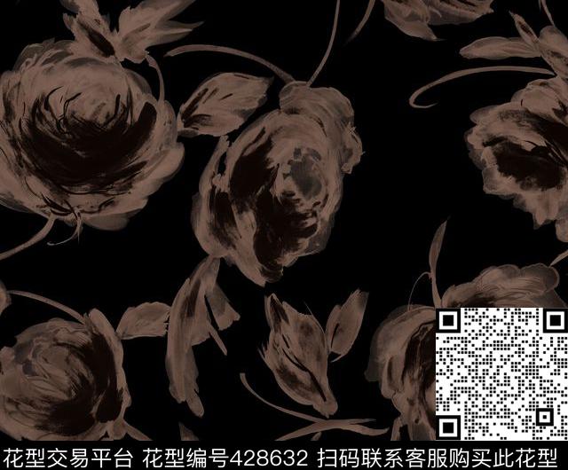 黑底玫瑰手绘传统印花华亿平台下载（图片编号: 428632） - 瓦栏（Walan）