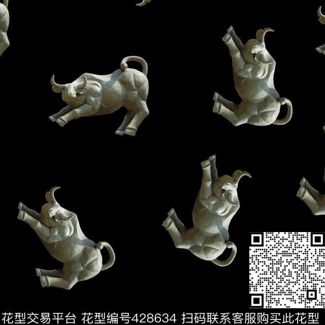 黑底石牛雕像传统印花华亿平台下载（图片编号: 428634） - 瓦栏（Walan）