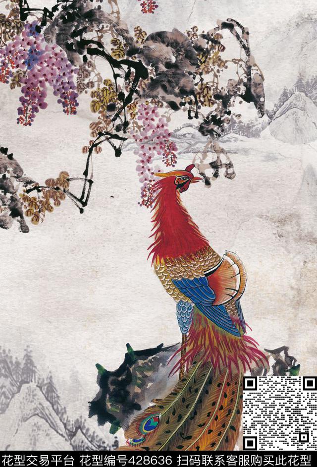 中国风水墨凤凰山水花鸟水墨数码印花华亿平台下载（图片编号: 428636） - 瓦栏（Walan）