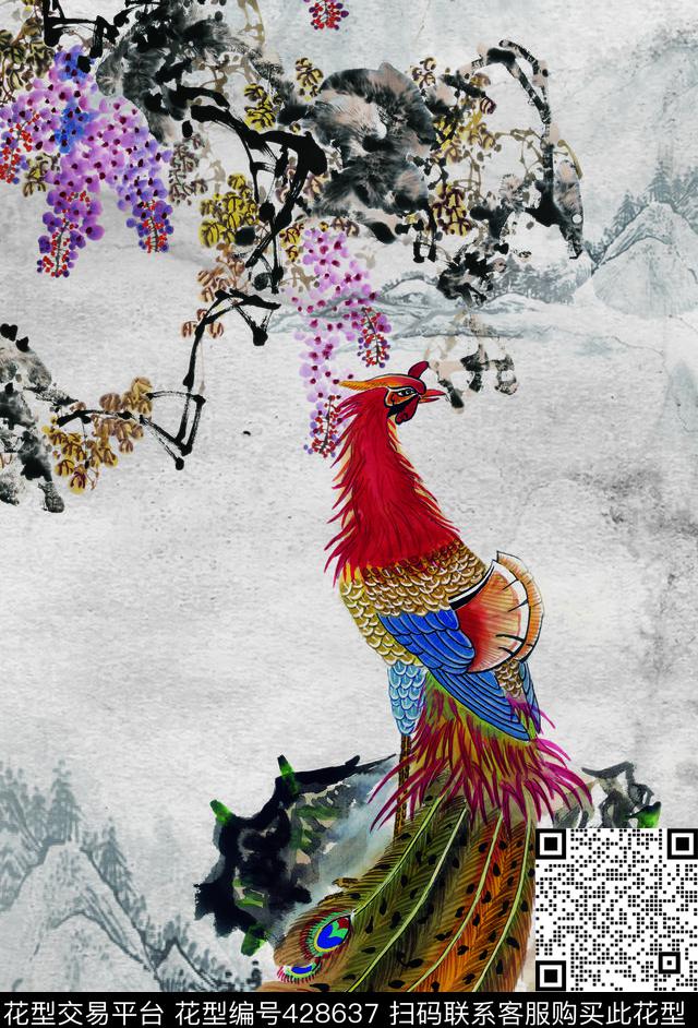 水墨水墨凤凰山水花鸟中国风数码印花华亿平台下载（图片编号: 428637） - 瓦栏（Walan）