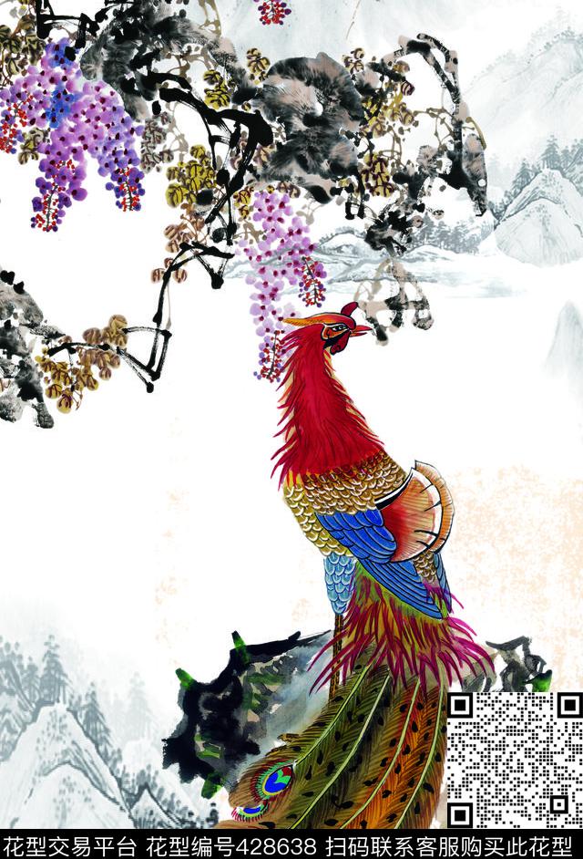 水墨水墨凤凰山水花鸟中国风数码印花华亿平台下载（图片编号: 428638） - 瓦栏（Walan）