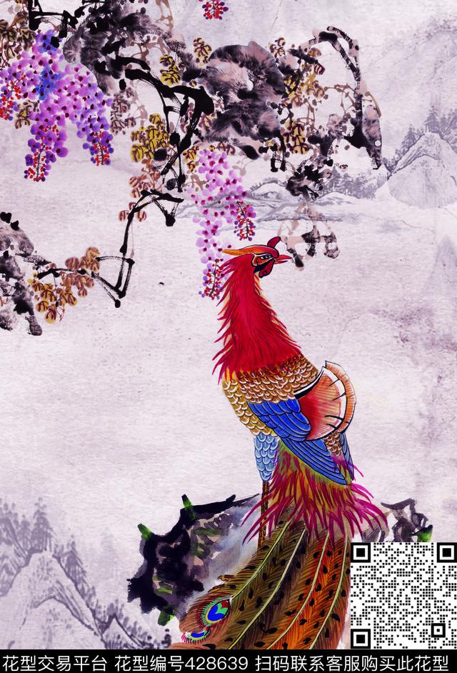 中国风水墨凤凰山水花鸟水墨数码印花华亿平台下载（图片编号: 428639） - 瓦栏（Walan）