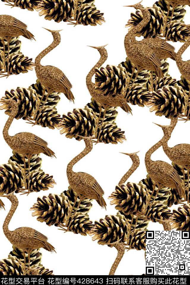 土豪金鸵鸟松果数码印花华亿平台下载（图片编号: 428643） - 瓦栏（Walan）