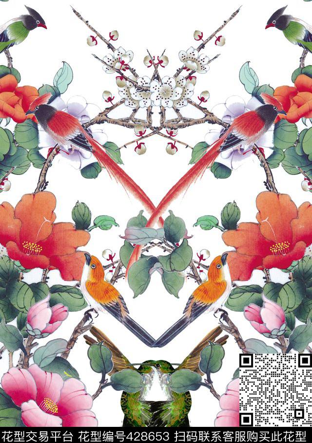 定位旗袍工笔画花卉数码印花华亿平台下载（图片编号: 428653） - 瓦栏（Walan）