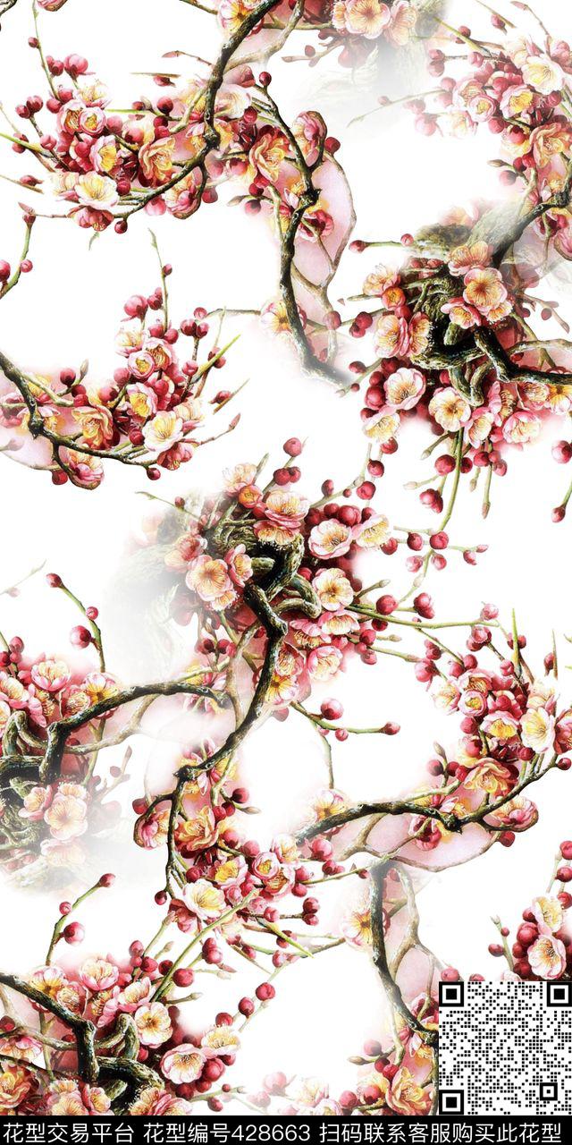 大气手绘梅花枝条清爽花卉数码印花华亿平台下载（图片编号: 428663） - 瓦栏（Walan）