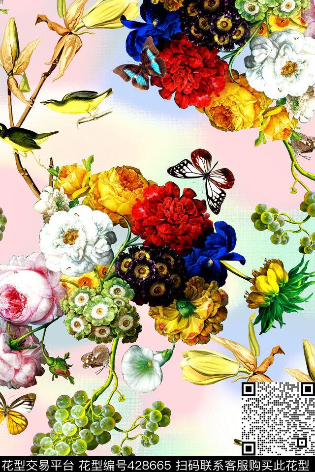 时尚花卉鸟数码印花华亿平台下载（图片编号: 428665） - 瓦栏（Walan）