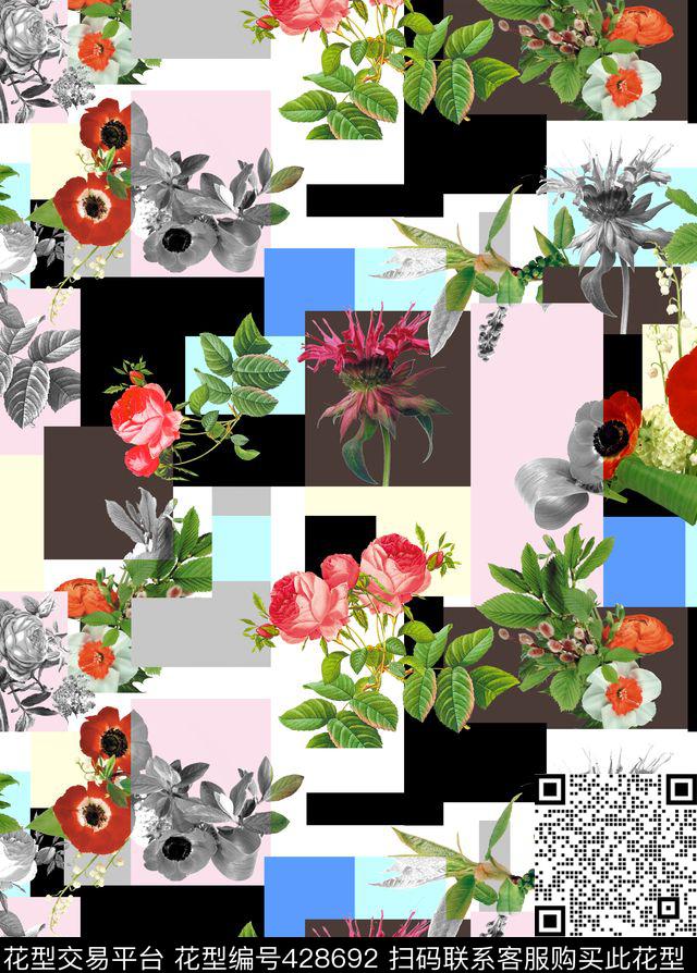 花叶玫瑰花树叶数码印花华亿平台下载（图片编号: 428692） - 瓦栏（Walan）