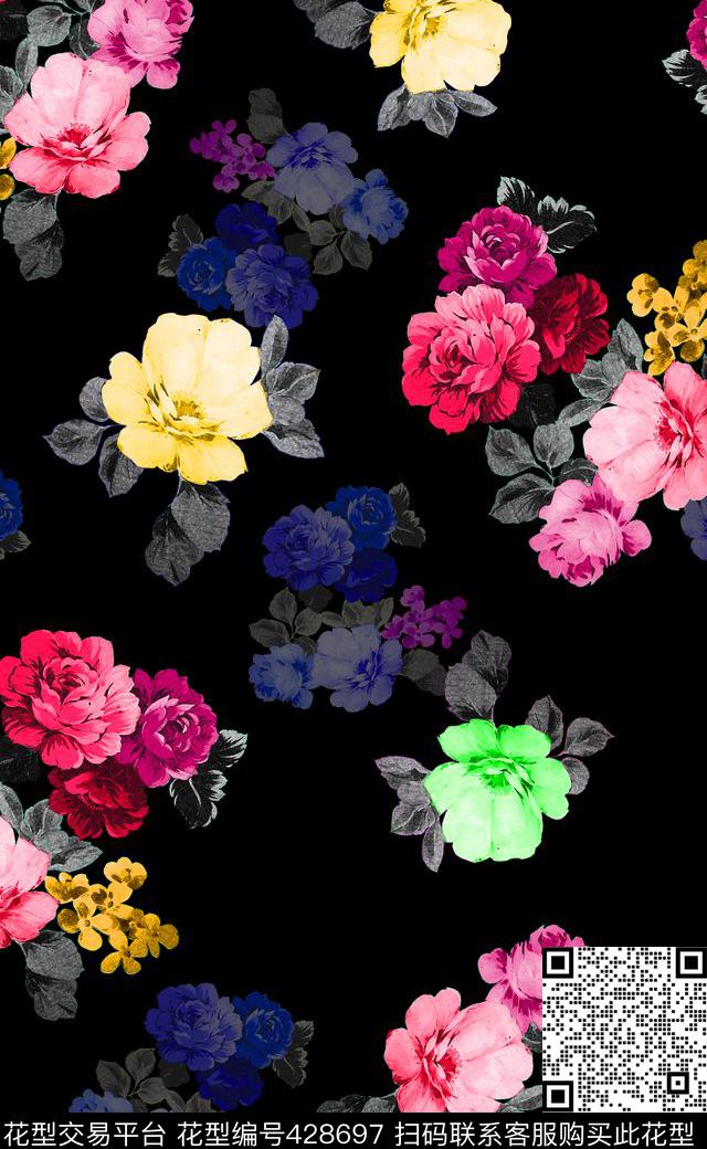 韩风花朵叶子数码印花华亿平台下载（图片编号: 428697） - 瓦栏（Walan）