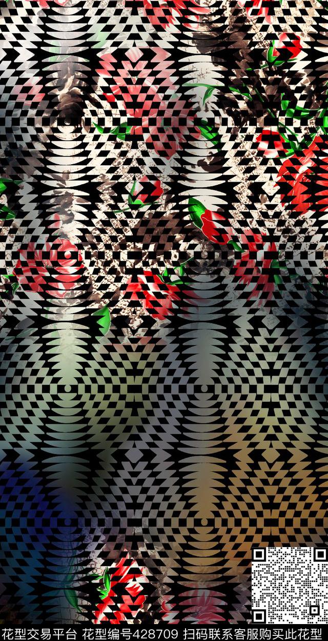 彩色渐变花卉几何数码印花华亿平台下载（图片编号: 428709） - 瓦栏（Walan）