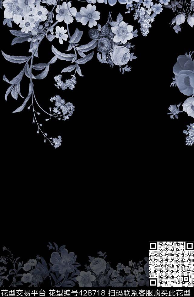 定位花黑白花卉数码印花华亿平台下载（图片编号: 428718） - 瓦栏（Walan）