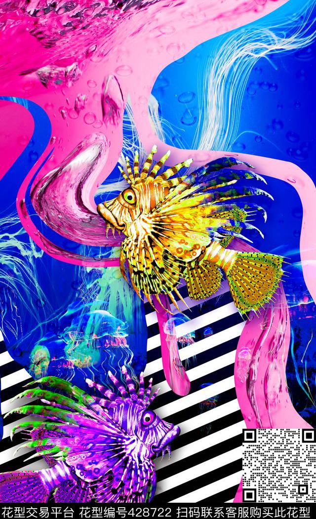 几何水波纹热带鱼数码印花华亿平台下载（图片编号: 428722） - 瓦栏（Walan）