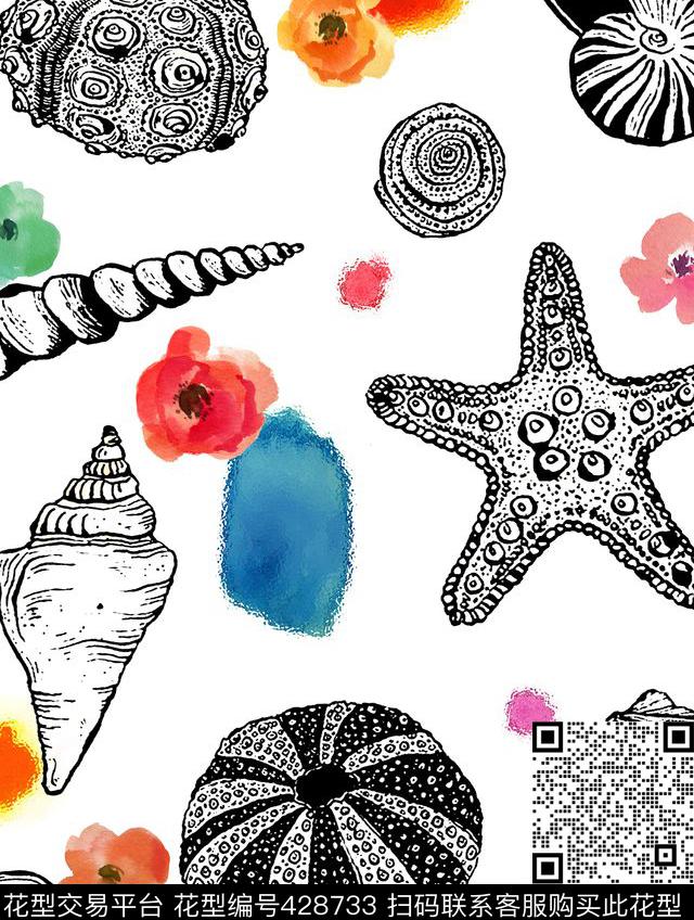 海洋贝壳海星数码印花华亿平台下载（图片编号: 428733） - 瓦栏（Walan）