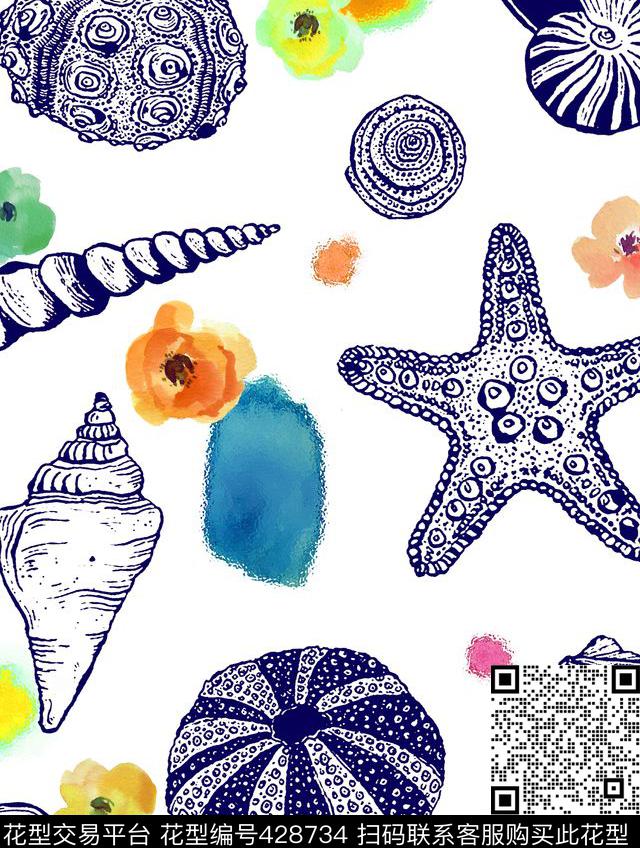 海洋贝壳海星数码印花华亿平台下载（图片编号: 428734） - 瓦栏（Walan）