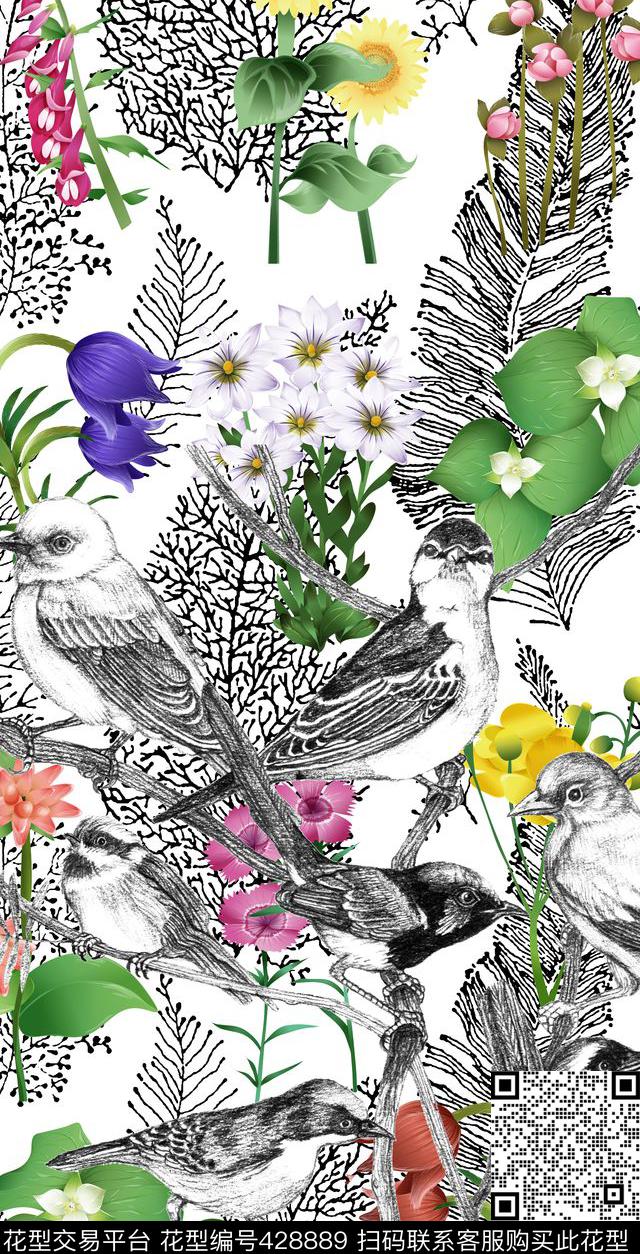 花卉手绘素描数码印花华亿平台下载（图片编号: 428889） - 瓦栏（Walan）