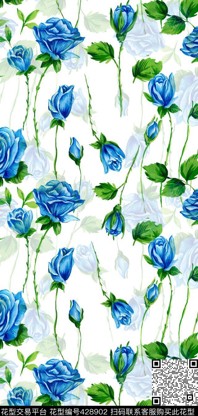 花卉蓝玫瑰时尚简约数码印花华亿平台下载（图片编号: 428902） - 瓦栏（Walan）