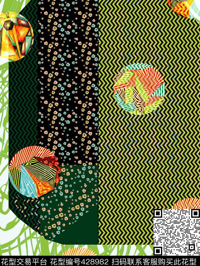 民族风传统纹理波普拼接数码印花华亿平台下载（图片编号: 428982） - 瓦栏（Walan）