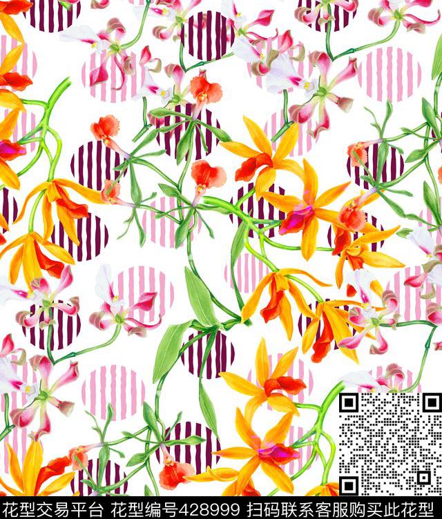 波点条纹兰花流行时尚数码印花华亿平台下载（图片编号: 428999） - 瓦栏（Walan）