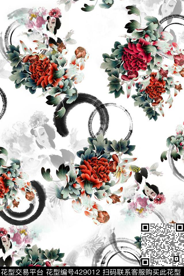 牡丹花戏曲人物中国风数码印花华亿平台下载（图片编号: 429012） - 瓦栏（Walan）