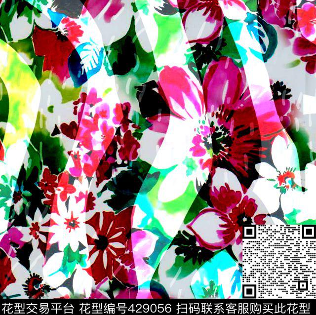 手绘花卉波浪条纹数码印花华亿平台下载（图片编号: 429056） - 瓦栏（Walan）