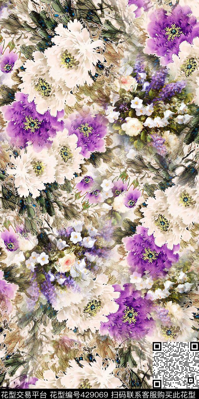 素雅手绘牡丹油画数码印花华亿平台下载（图片编号: 429069） - 瓦栏（Walan）
