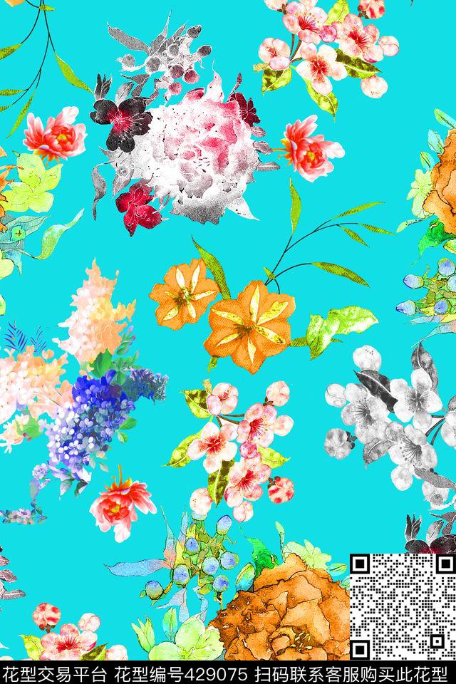 流行花朵叶子数码印花华亿平台下载（图片编号: 429075） - 瓦栏（Walan）