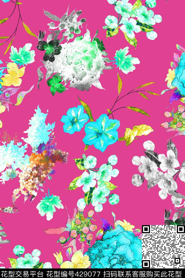流行花朵叶子数码印花华亿平台下载（图片编号: 429077） - 瓦栏（Walan）