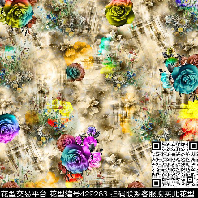 欧式花卉手绘些花草小花绚丽色彩点缀数码印花华亿平台下载（图片编号: 429263） - 瓦栏（Walan）