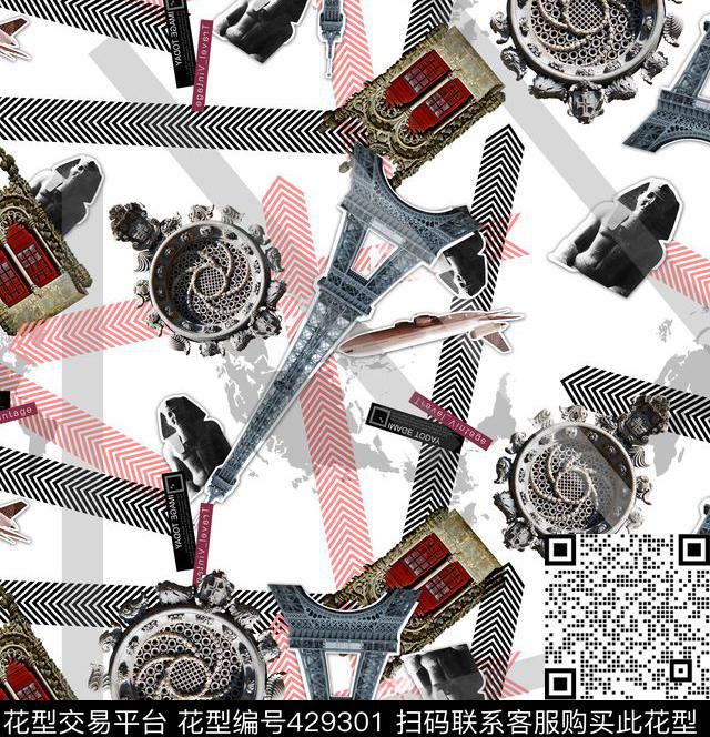 个性男装埃菲尔铁塔古老建筑数码印花华亿平台下载（图片编号: 429301） - 瓦栏（Walan）
