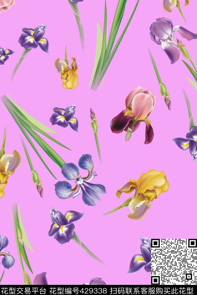 甜美鸢尾花卉清新数码印花华亿平台下载（图片编号: 429338） - 瓦栏（Walan）