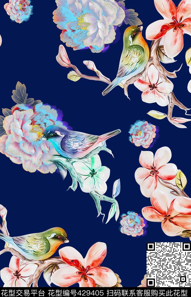 玉雕花鸟树枝数码印花华亿平台下载（图片编号: 429405） - 瓦栏（Walan）