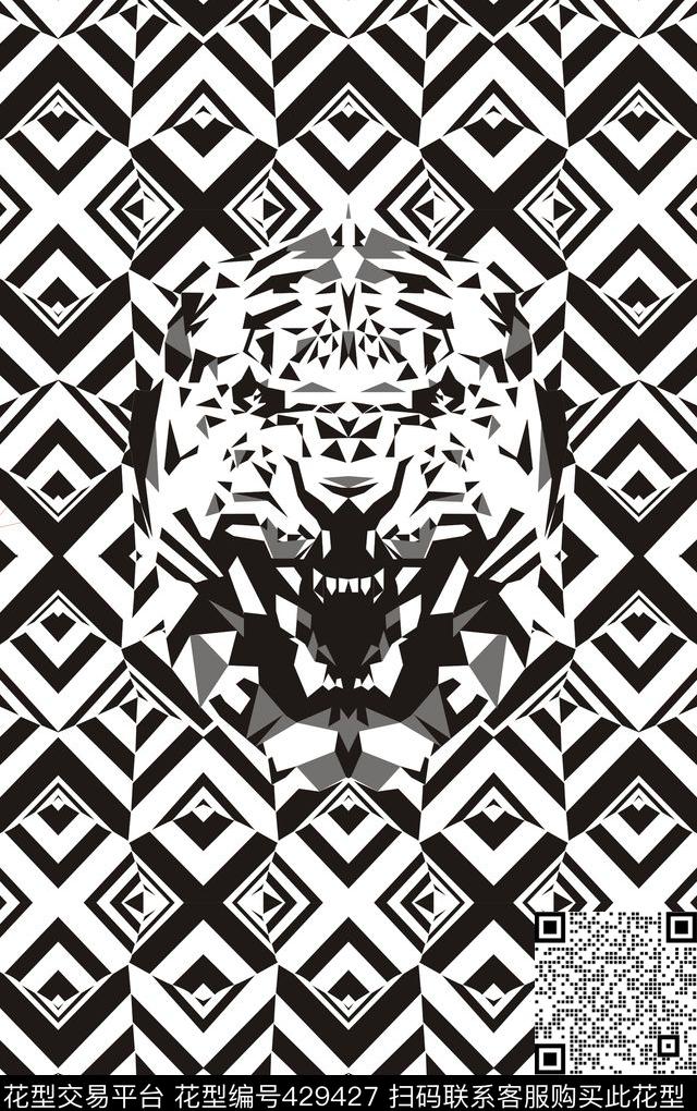 黑白格子欧式大牌单独纹样数码印花华亿平台下载（图片编号: 429427） - 瓦栏（Walan）