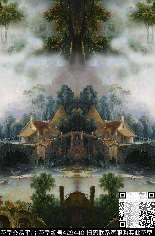 风景油画时尚数码印花华亿平台下载（图片编号: 429440） - 瓦栏（Walan）