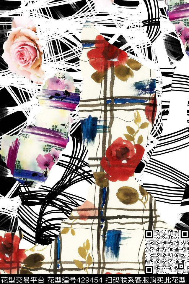 抽象手绘花线条数码印花华亿平台下载（图片编号: 429454） - 瓦栏（Walan）
