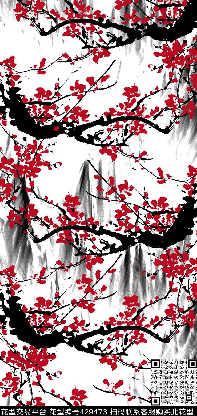 梅花水墨红色数码印花华亿平台下载（图片编号: 429473） - 瓦栏（Walan）