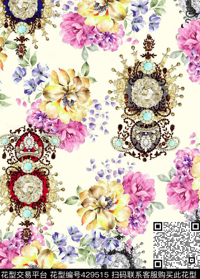 花朵珠宝花叶数码印花华亿平台下载（图片编号: 429515） - 瓦栏（Walan）
