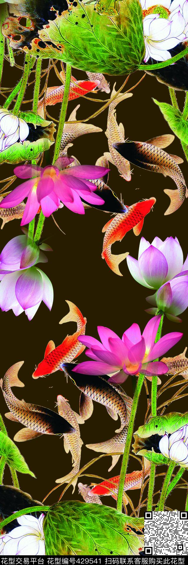 荷花鲤鱼中国风数码印花华亿平台下载（图片编号: 429541） - 瓦栏（Walan）
