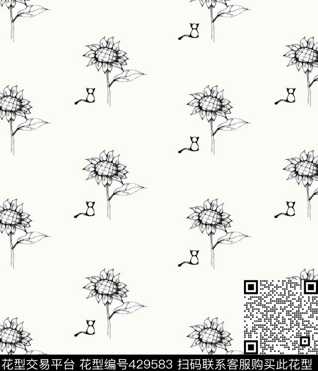 黑白手绘简约向日葵和猫传统印花华亿平台下载（图片编号: 429583） - 瓦栏（Walan）