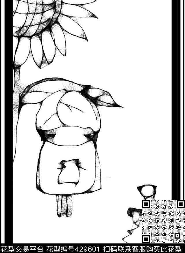 黑白线条画向日葵传统印花华亿平台下载（图片编号: 429601） - 瓦栏（Walan）