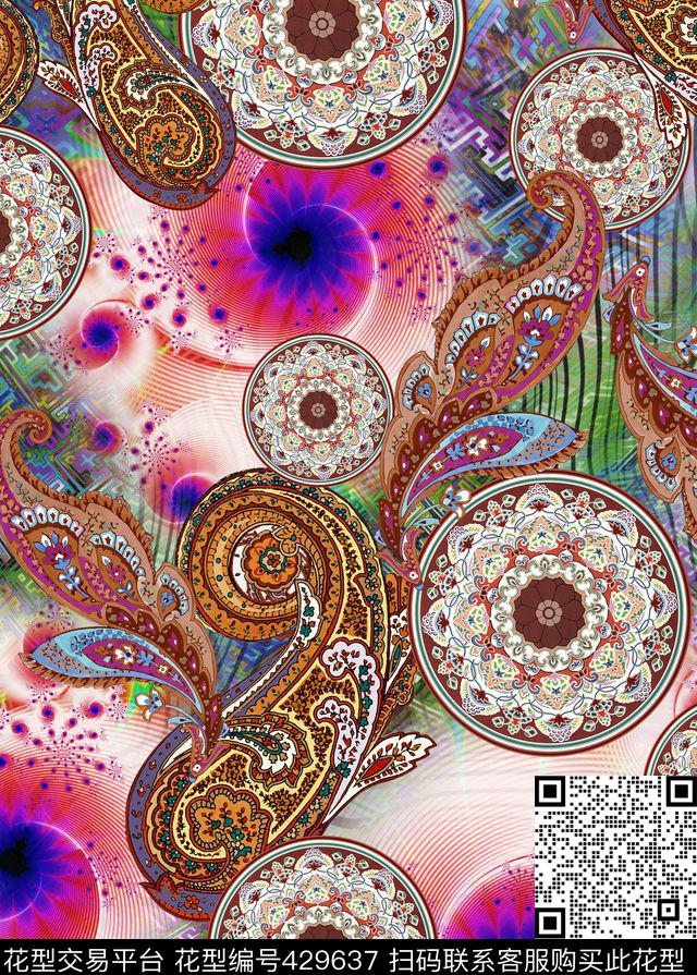 抽象欧式腰果数码印花华亿平台下载（图片编号: 429637） - 瓦栏（Walan）