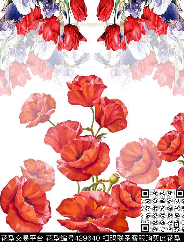 时尚大牌手绘红花清爽定位数码印花华亿平台下载（图片编号: 429640） - 瓦栏（Walan）
