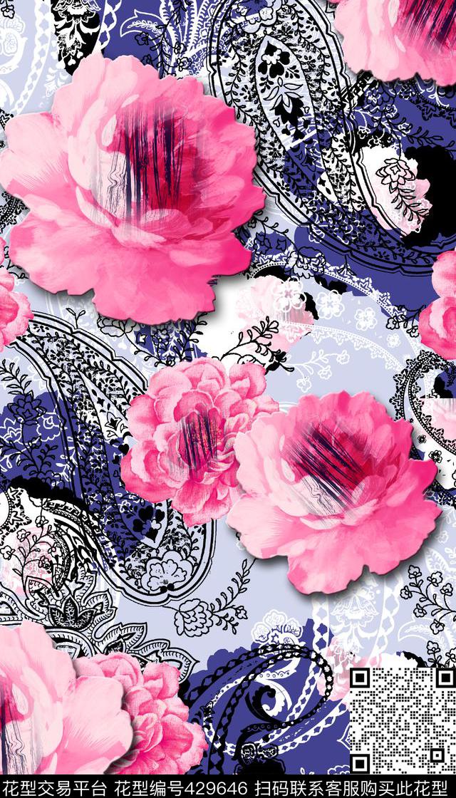 时尚水彩花卉佩斯利纹数码印花华亿平台下载（图片编号: 429646） - 瓦栏（Walan）