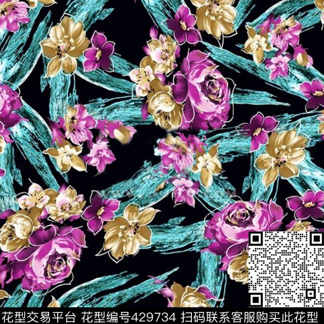 花朵抽象古朴数码印花华亿平台下载（图片编号: 429734） - 瓦栏（Walan）