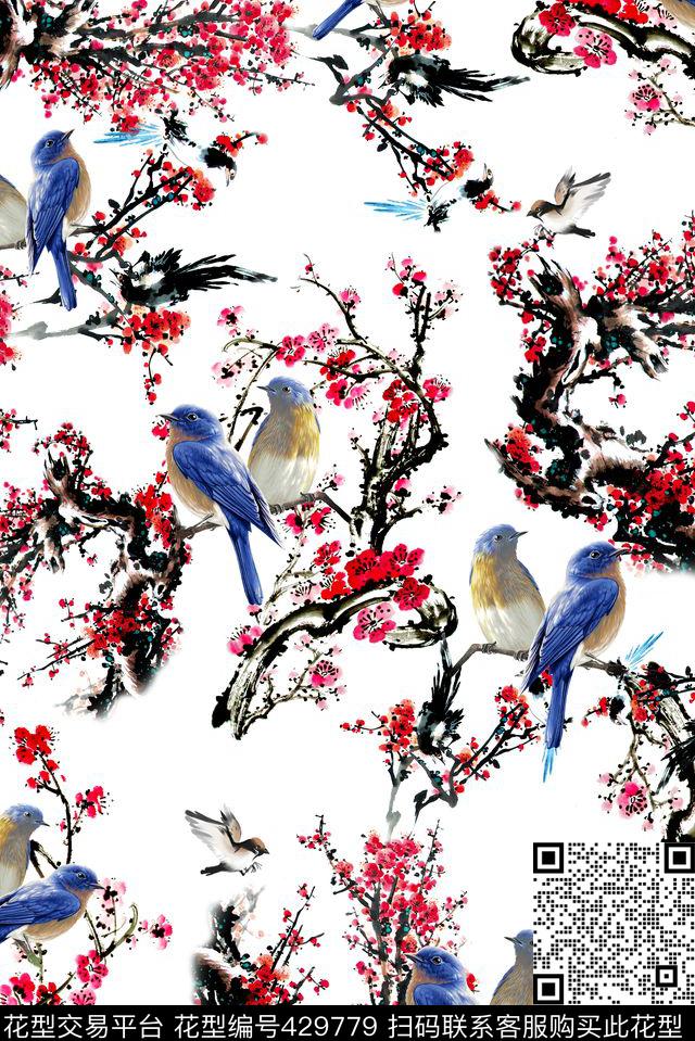 中国风喜鹊梅花喜鹊梅花古典中国风数码印花华亿平台下载（图片编号: 429779） - 瓦栏（Walan）